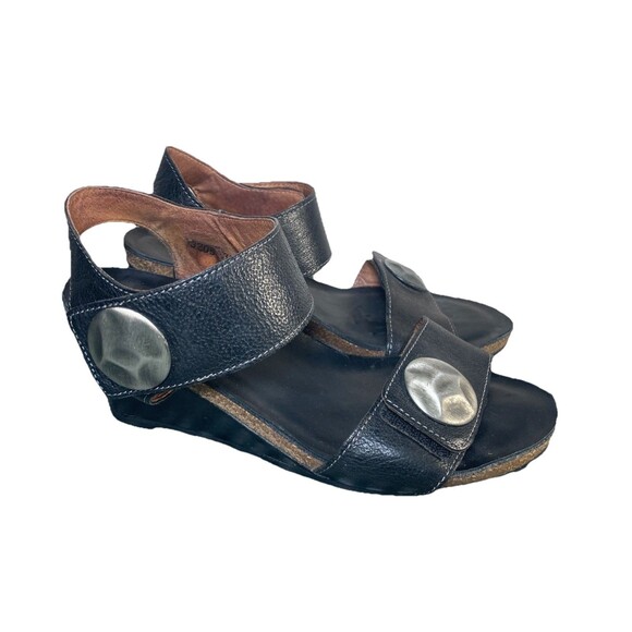 Taos Sandals Carousel 2 Wedge Heels Black Leather Open Toe Womens Sz 37 US 6.5 - Picture 2 of 8